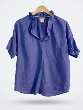 Finley Ruffle Neck Linen Blouse Purple Blue Crossweave Top Size S Made in USA